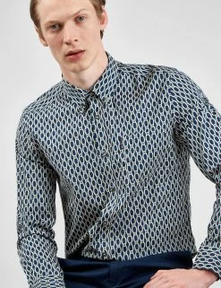 Long-Sleeve Abstract-Print Shirt - Dark Blue