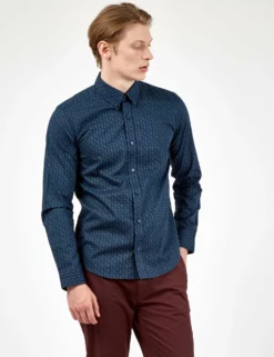 Long-Sleeve Micro-Paisley Print Shirt - Petrol