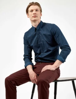 Long-Sleeve Micro-Paisley Print Shirt - Petrol -clothing Shop 65373 191 B