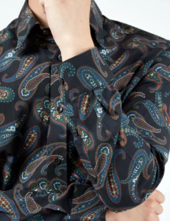 Long-Sleeve Large Paisley-Print Shirt - Midnight -clothing Shop 65376c 036 long sleeve large paisley print shirt midnight closeup on model