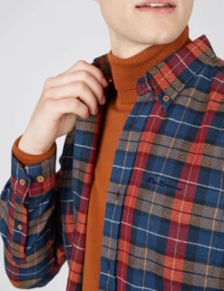 Long-Sleeve Striped Check Shirt - Camel -clothing Shop 65396c 370 long sleeve striped check shirt camel closeup on model