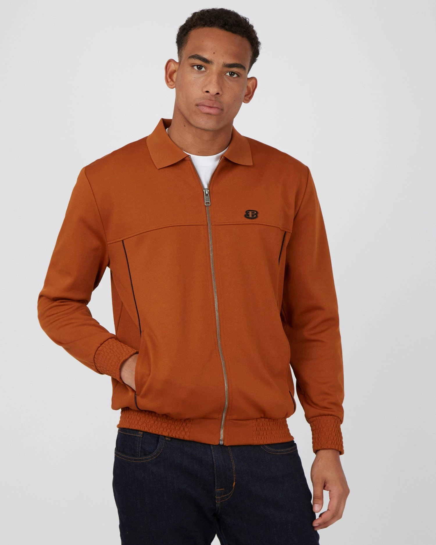 B By Ben Sherman Polo-Collar Zip-Through Jacket - Caramel 1 B By Ben Sherman Polo-Collar Zip-Through Jacket - Caramel