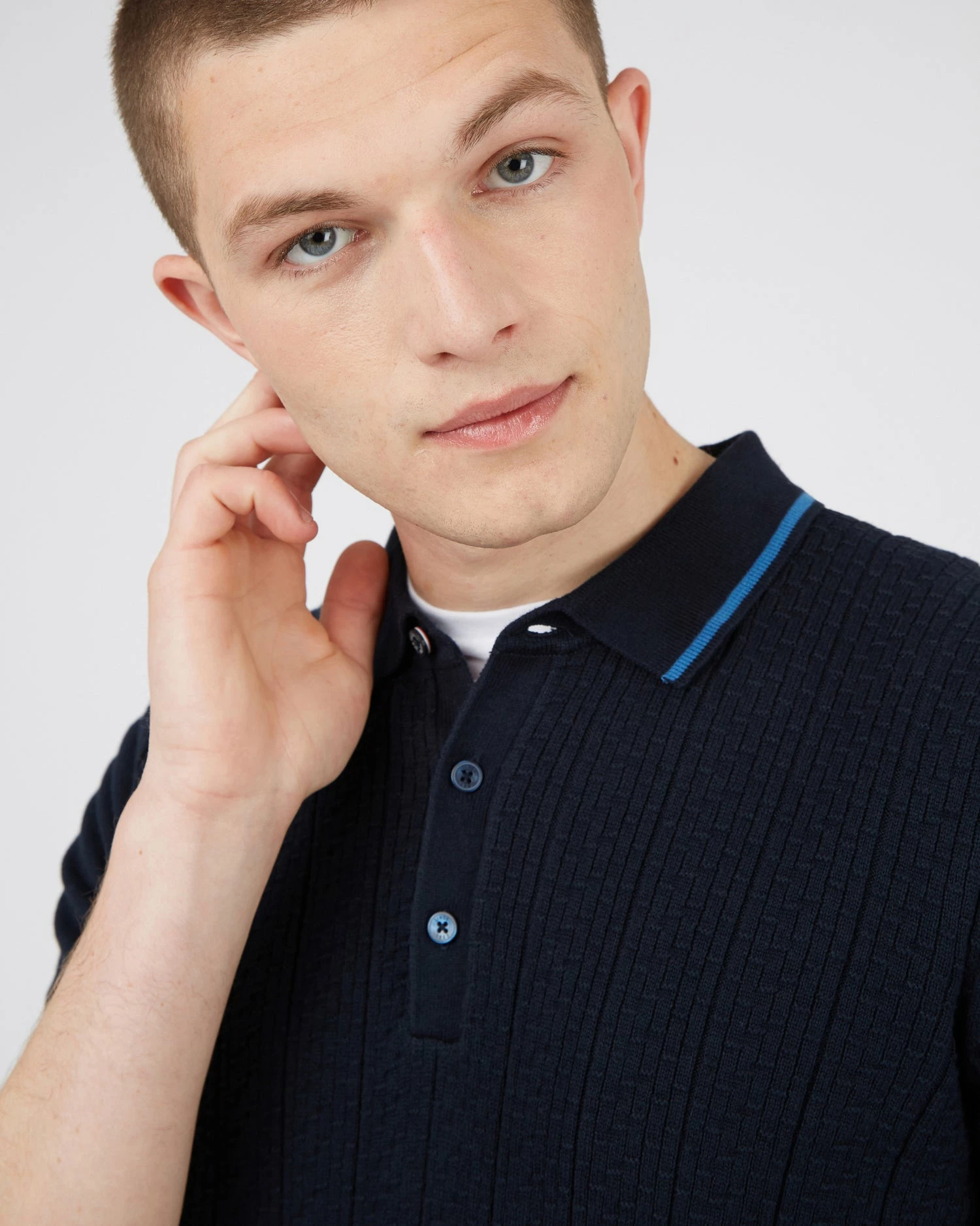 Short-Sleeve Textured-Front Knit Polo - Dark Navy 4 Short-Sleeve Textured-Front Knit Polo - Dark Navy - Image 4