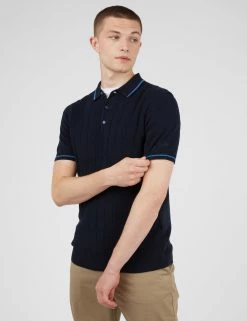 Short-Sleeve Textured-Front Knit Polo - Dark Navy