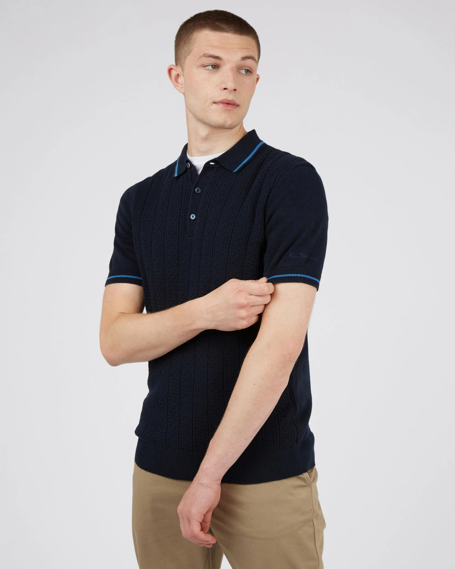 Short-Sleeve Textured-Front Knit Polo - Dark Navy 1 Short-Sleeve Textured-Front Knit Polo - Dark Navy