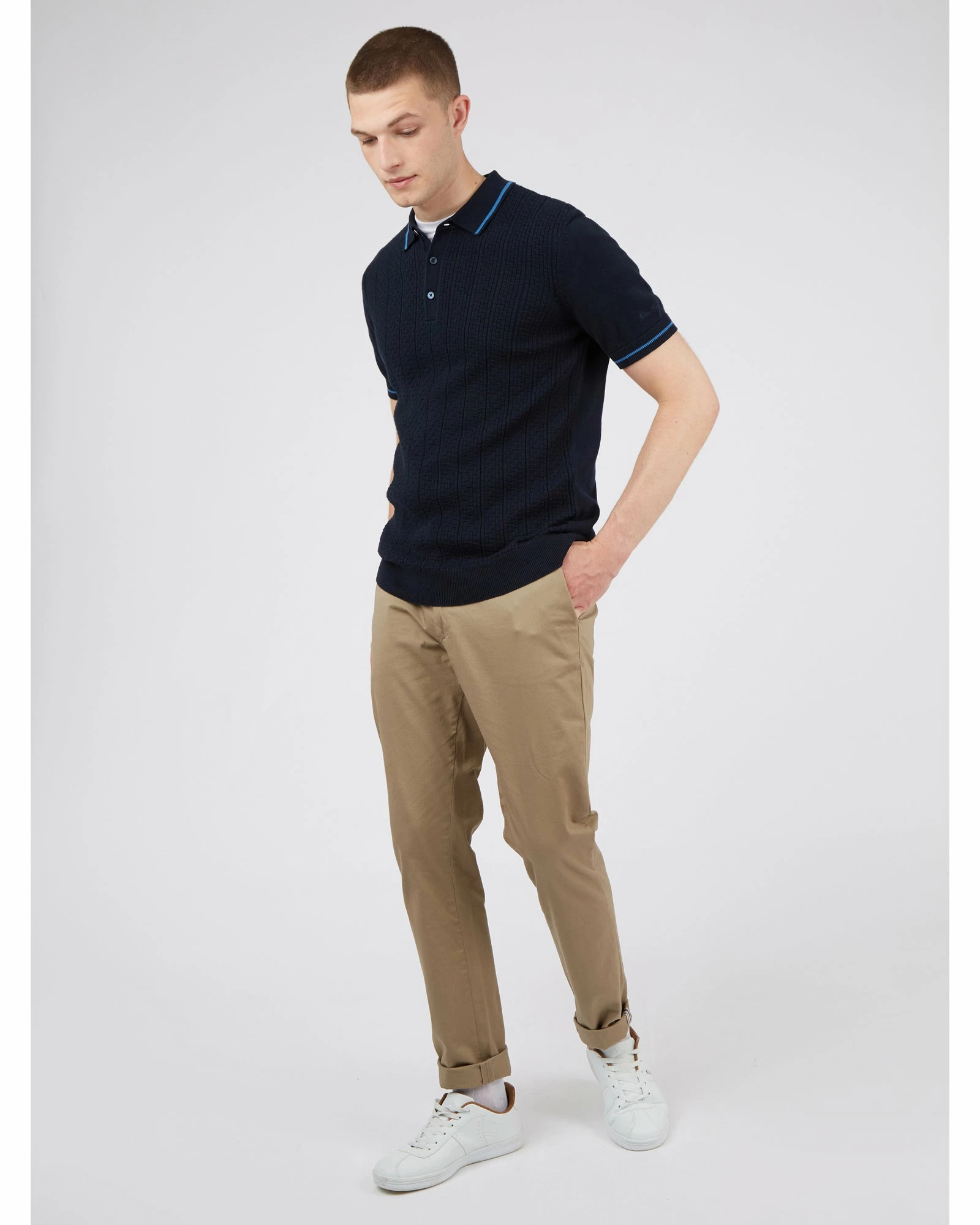 Short-Sleeve Textured-Front Knit Polo - Dark Navy 5 Short-Sleeve Textured-Front Knit Polo - Dark Navy - Image 5