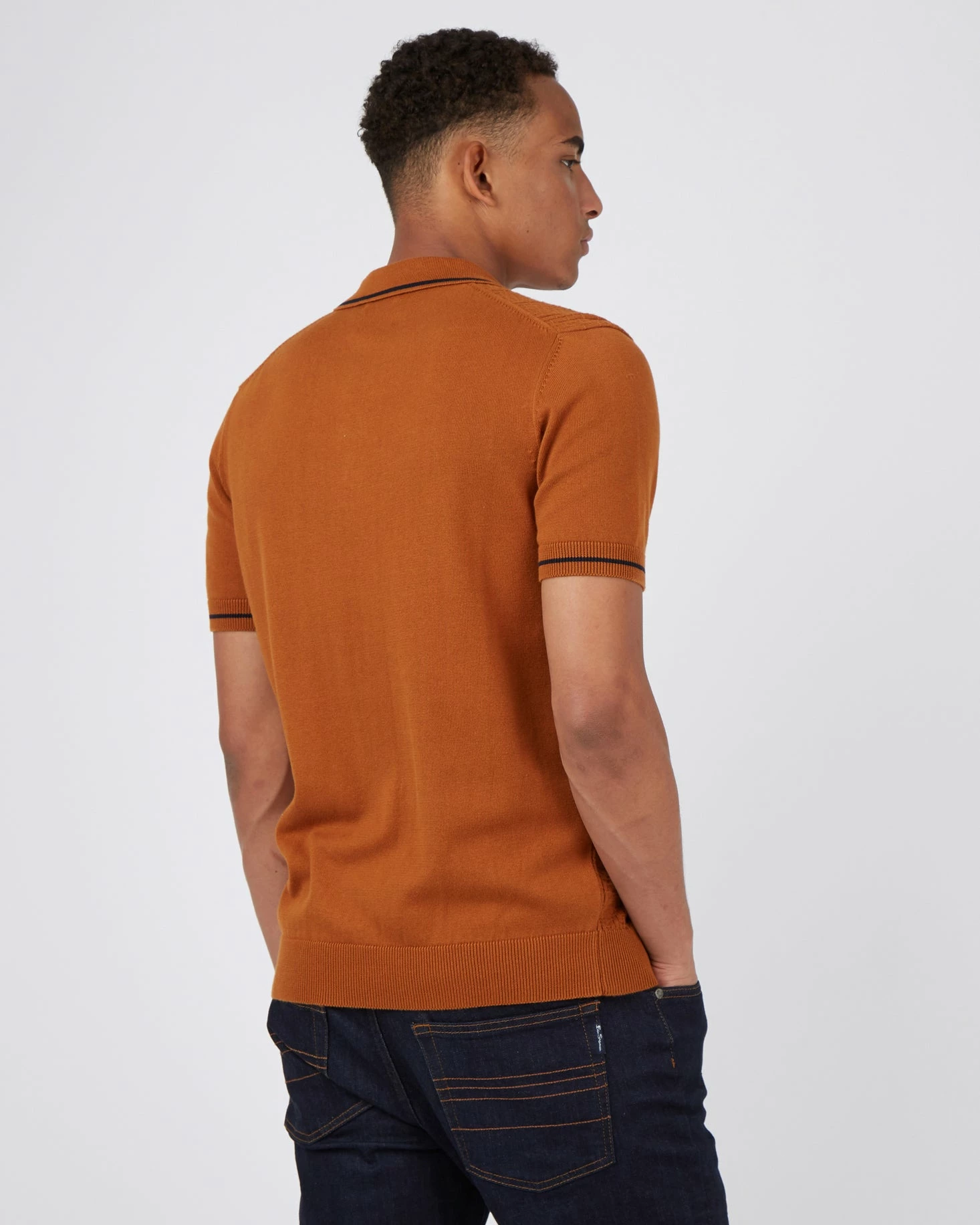Short-Sleeve Textured-Front Knit Polo - Caramel 3 Short-Sleeve Textured-Front Knit Polo - Caramel - Image 3
