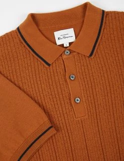 Short-Sleeve Textured-Front Knit Polo - Caramel 10 Short-Sleeve Textured-Front Knit Polo - Caramel -clothing Shop 65541c 371 short sleeve textured front knit polo caramel closeup flat
