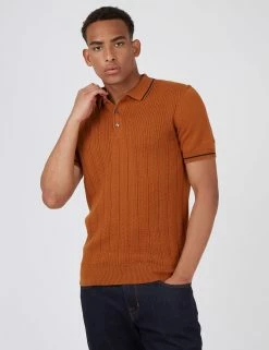 Short-Sleeve Textured-Front Knit Polo - Caramel