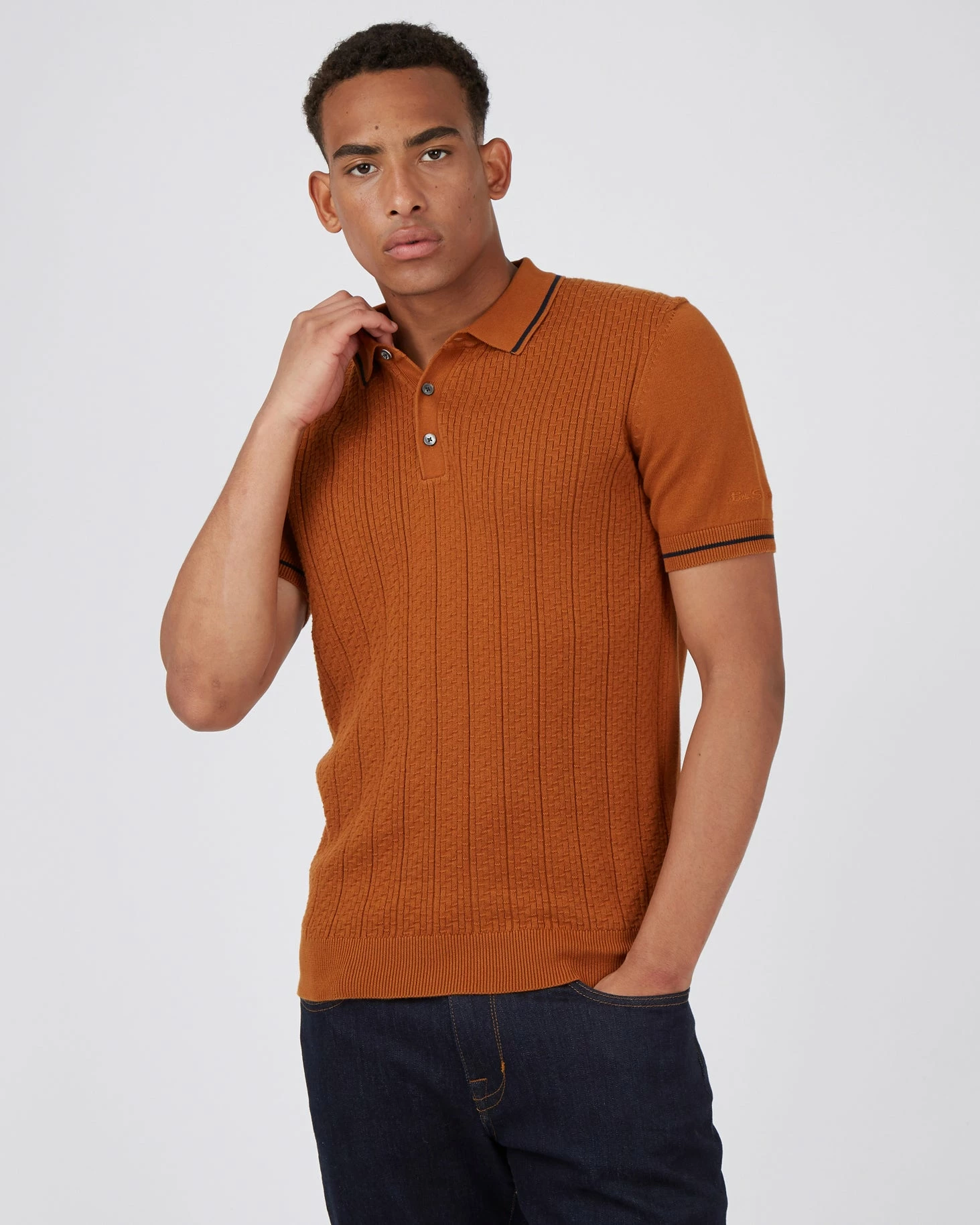 Short-Sleeve Textured-Front Knit Polo - Caramel 1 Short-Sleeve Textured-Front Knit Polo - Caramel