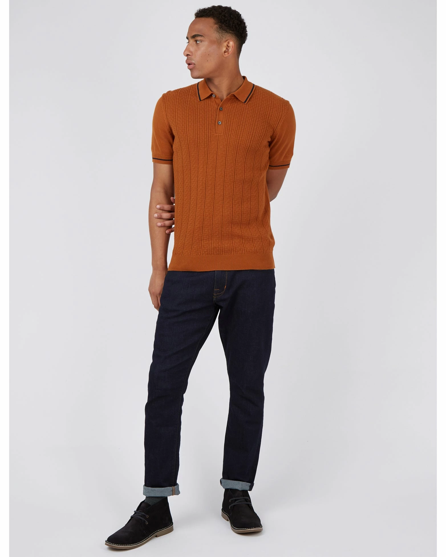 Short-Sleeve Textured-Front Knit Polo - Caramel 4 Short-Sleeve Textured-Front Knit Polo - Caramel - Image 4