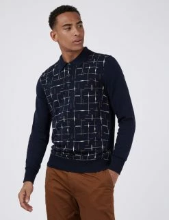 Long-Sleeve Patterned Knit Polo - Dark Navy