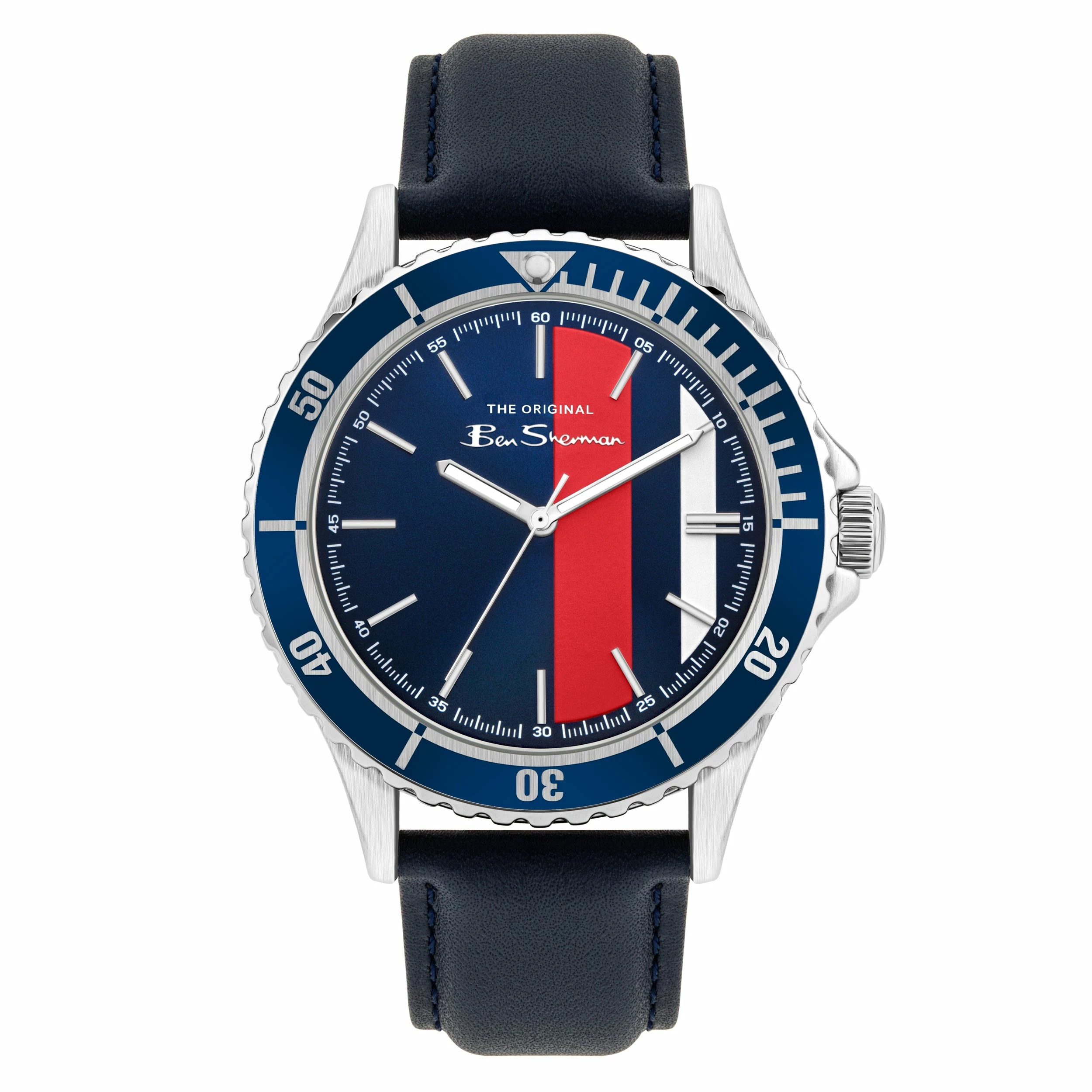 Men's Leather Strap Watch, 44mm - Navy/Blue/Silver 1 Men's Leather Strap Watch, 44mm - Navy/Blue/Silver