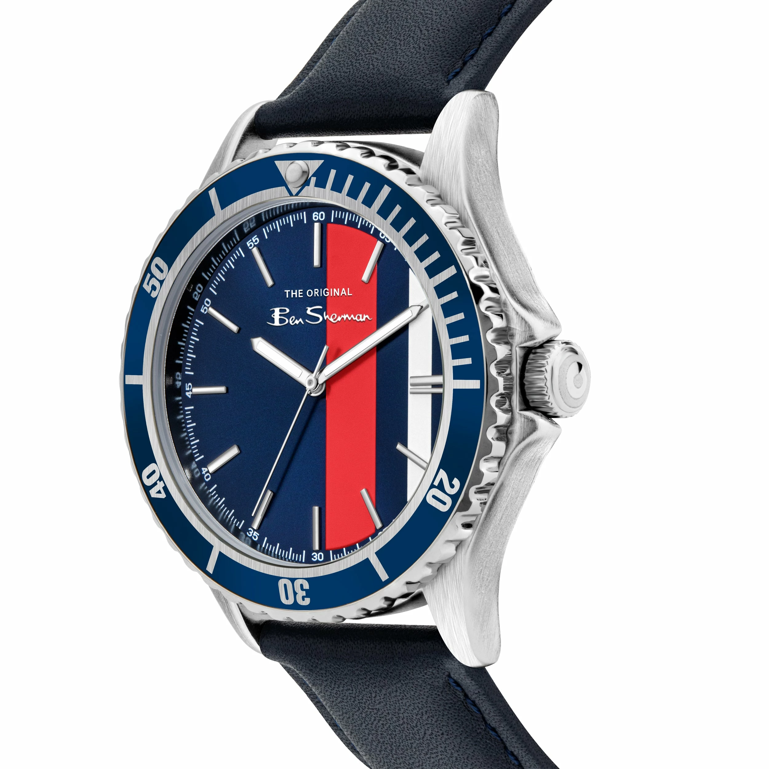 Men's Leather Strap Watch, 44mm - Navy/Blue/Silver 2 Men's Leather Strap Watch, 44mm - Navy/Blue/Silver - Image 2
