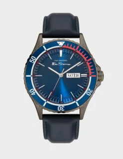 Men's Leather Strap Watch, 44mm - Navy/Navy/Silver