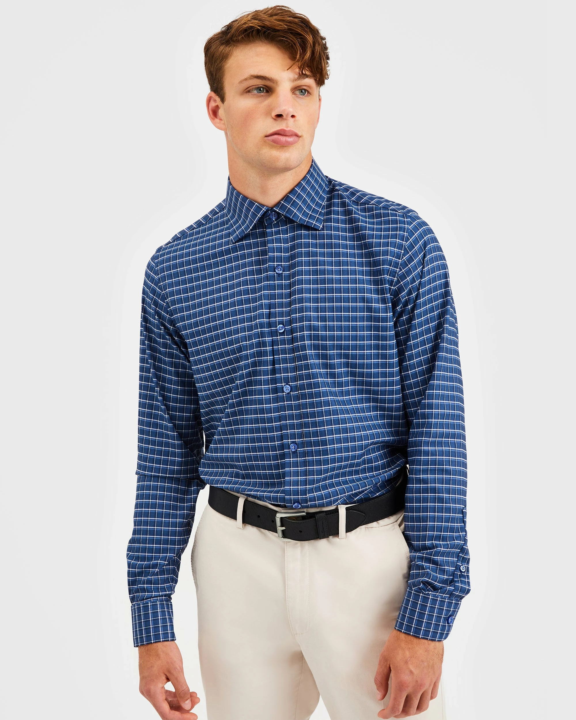 Custom Performance Shadow Plaid Herringbone Shirt - Navy 9 Custom Performance Shadow Plaid Herringbone Shirt - Navy - Image 9