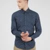 Long-Sleeve Retro Spot-Print Shirt - Dark Blue