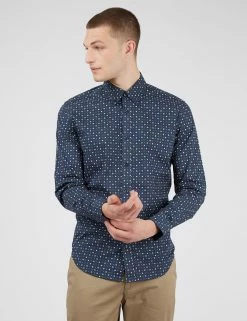 Long-Sleeve Retro Spot-Print Shirt - Dark Blue