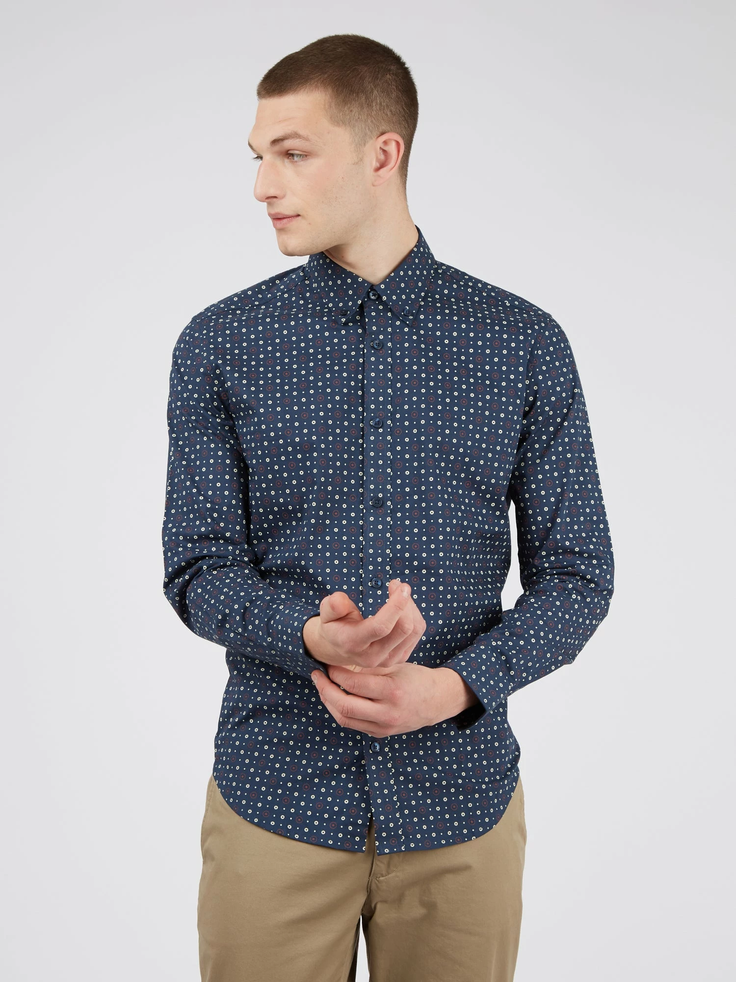Long-Sleeve Retro Spot-Print Shirt - Dark Blue 1 Long-Sleeve Retro Spot-Print Shirt - Dark Blue