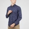 Long-Sleeve Herringbone Marl Print Shirt - Marine