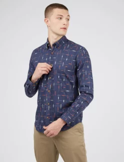 Long-Sleeve Herringbone Marl Print Shirt - Marine
