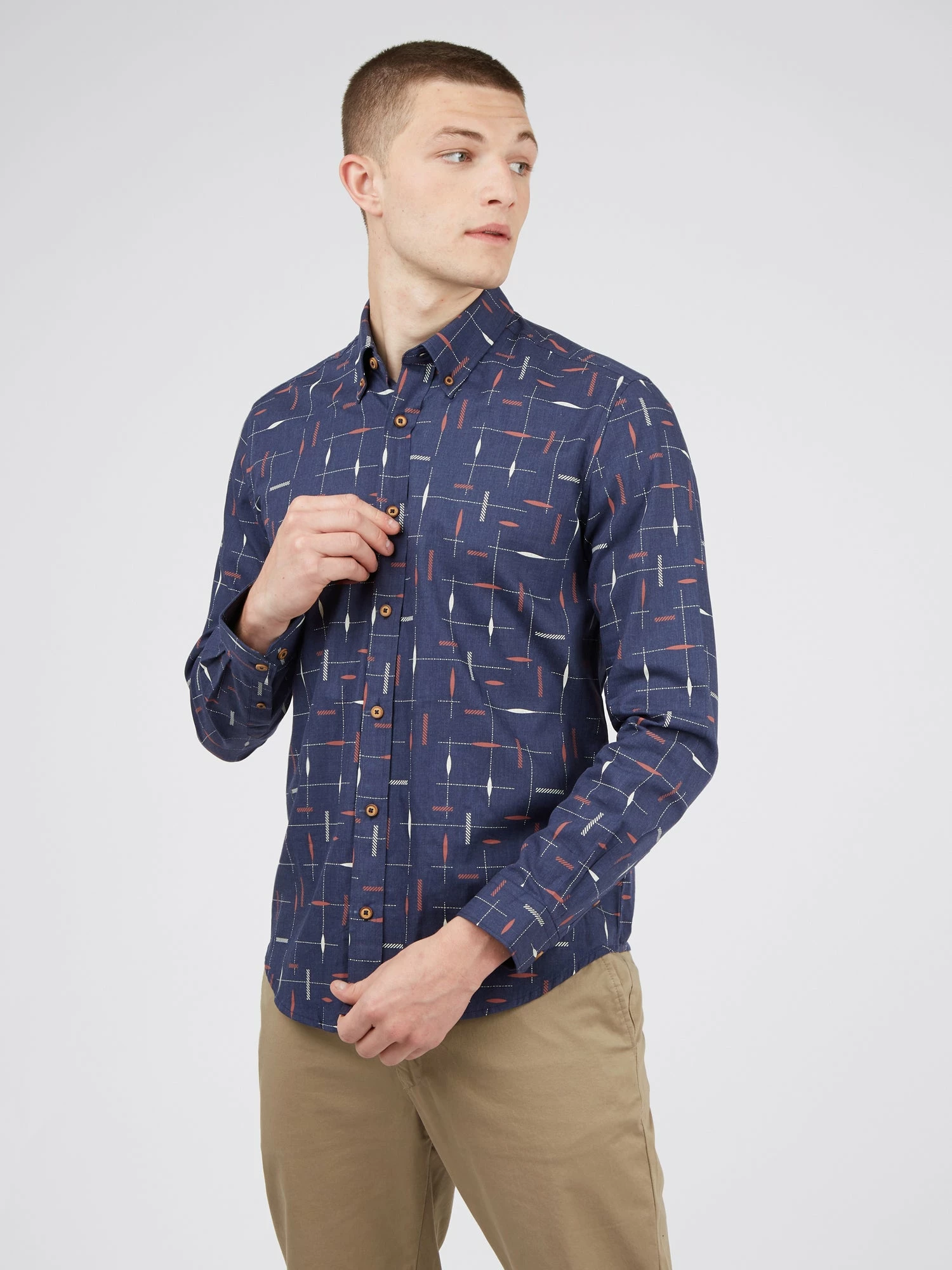 Long-Sleeve Herringbone Marl Print Shirt - Marine 1 Long-Sleeve Herringbone Marl Print Shirt - Marine