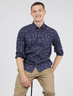 Long-Sleeve Herringbone Marl Print Shirt - Marine 9 Long-Sleeve Herringbone Marl Print Shirt - Marine -clothing Shop BS 0065377 035 B