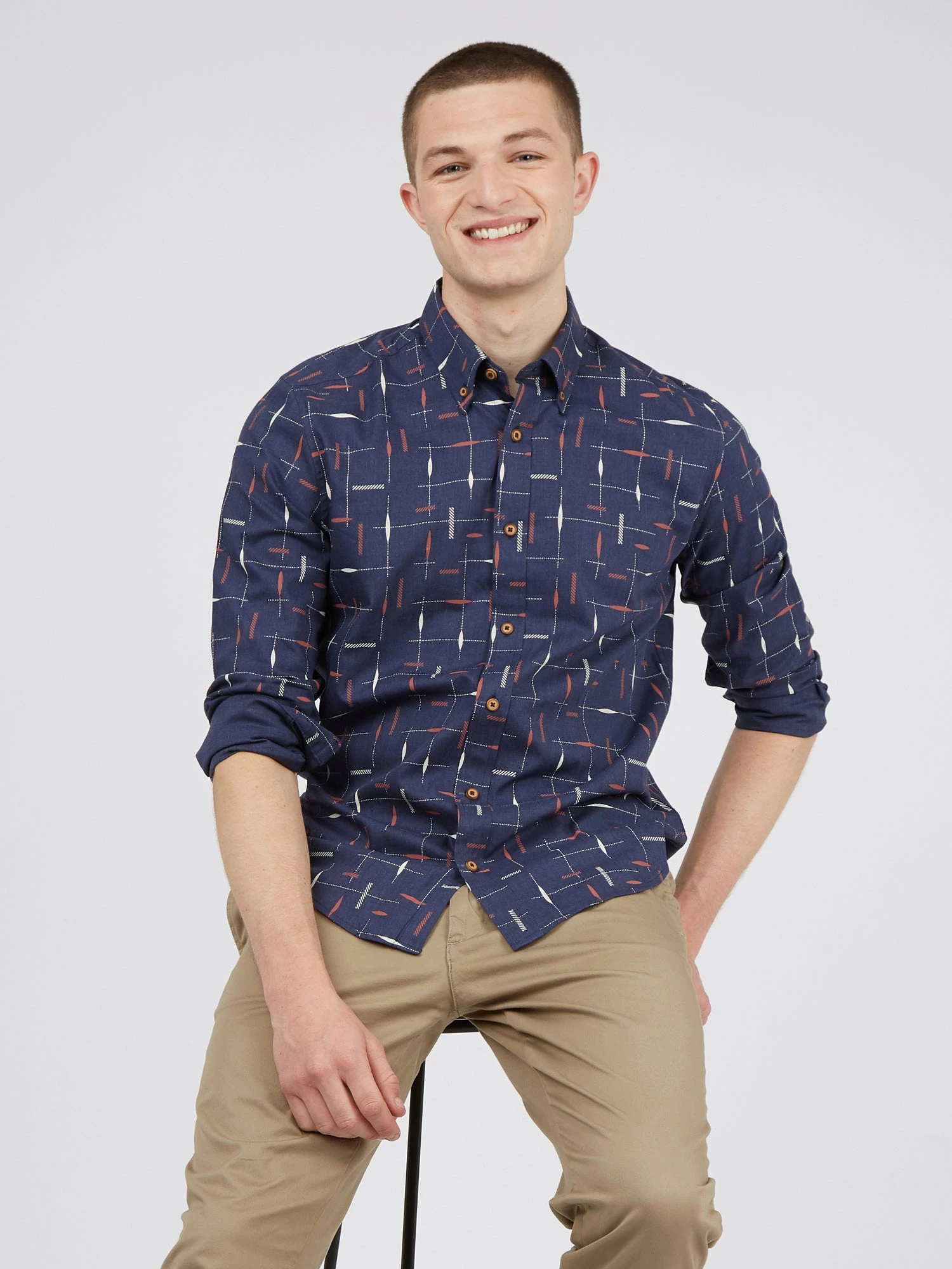 Long-Sleeve Herringbone Marl Print Shirt - Marine 4 Long-Sleeve Herringbone Marl Print Shirt - Marine - Image 4