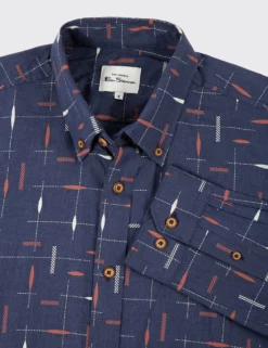 Long-Sleeve Herringbone Marl Print Shirt - Marine 10 Long-Sleeve Herringbone Marl Print Shirt - Marine -clothing Shop BS 0065377 035 E