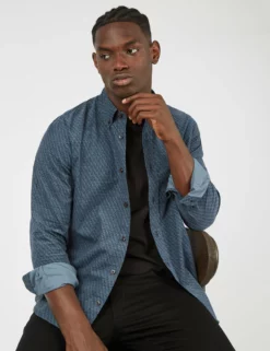 Long-Sleeve Geo-Print Corduroy Shirt - Petrol -clothing Shop BS 0065379 191 B