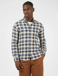 Long-Sleeve Herringbone Check Shirt - Dark Blue