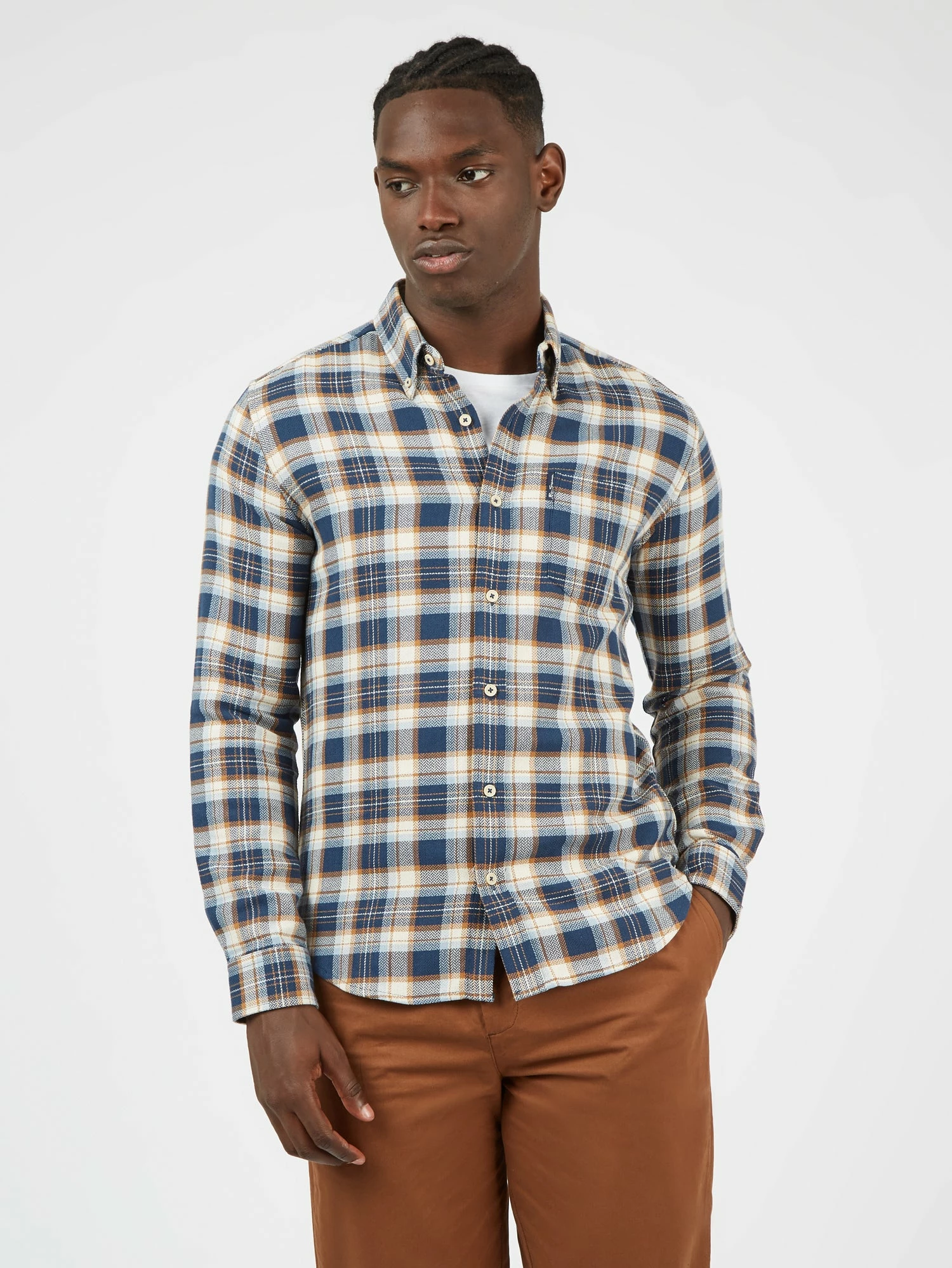 Long-Sleeve Herringbone Check Shirt - Dark Blue 1 Long-Sleeve Herringbone Check Shirt - Dark Blue