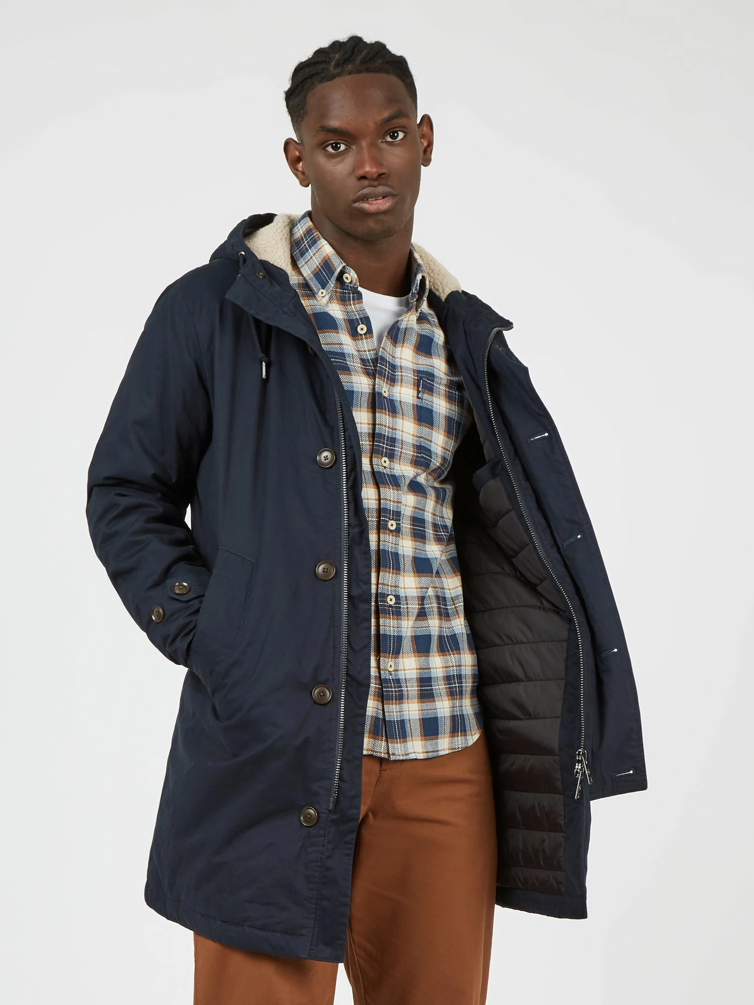 Long-Sleeve Herringbone Check Shirt - Dark Blue 3 Long-Sleeve Herringbone Check Shirt - Dark Blue - Image 3