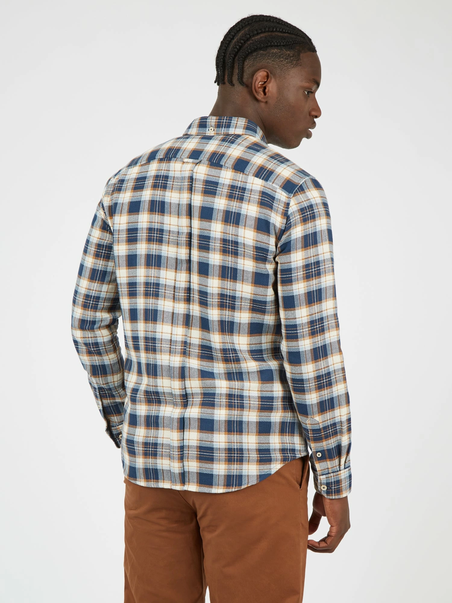 Long-Sleeve Herringbone Check Shirt - Dark Blue 2 Long-Sleeve Herringbone Check Shirt - Dark Blue - Image 2