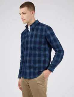 Long-Sleeve Corduroy Ombre Check Shirt - Dark Blue