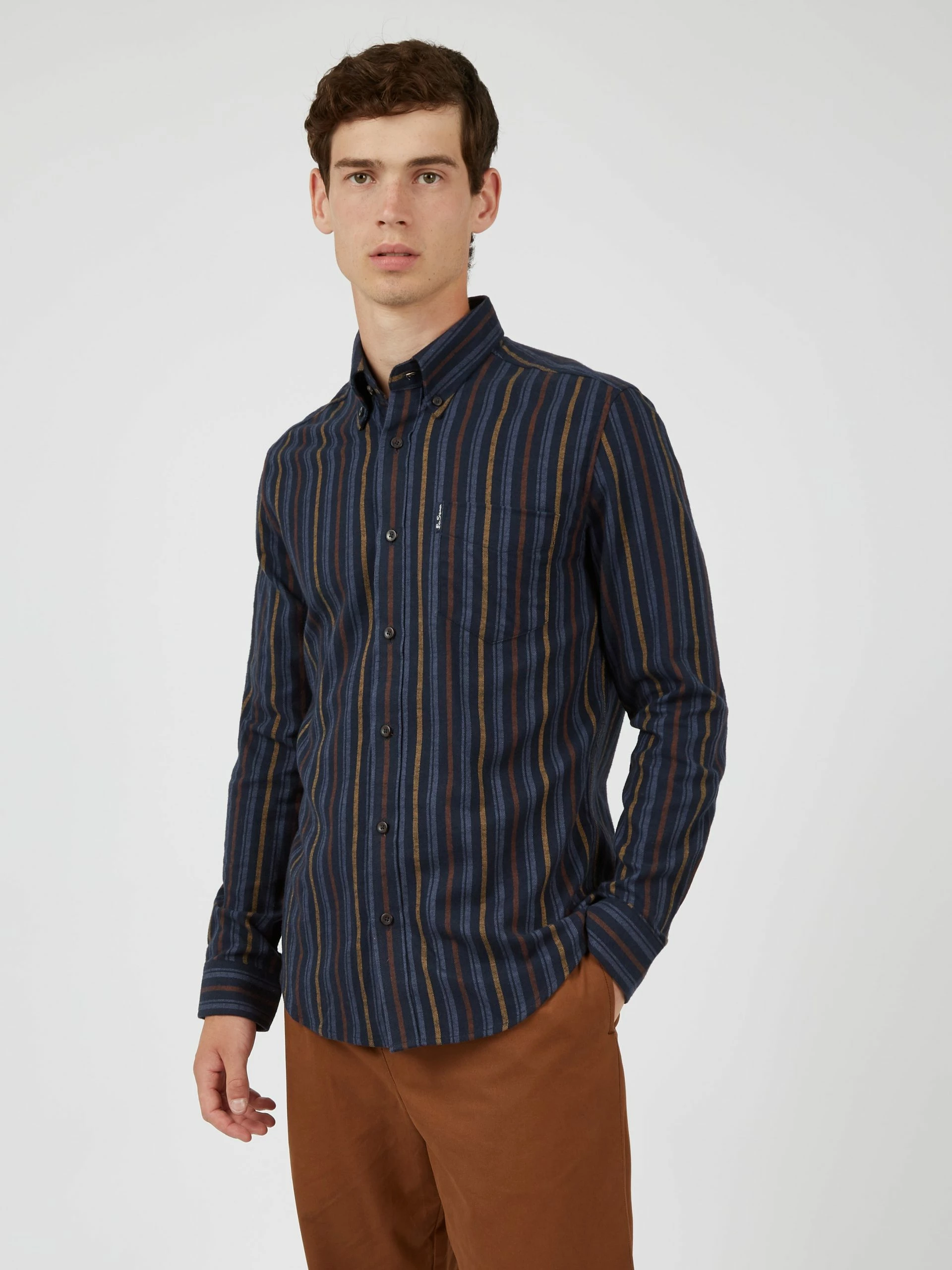 Long-Sleeve Brushed Vertical-Stripe Shirt - Midnight 1 Long-Sleeve Brushed Vertical-Stripe Shirt - Midnight