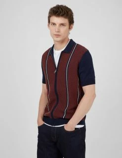 Short-Sleeve Jacquard Zip-Through Knit Polo - Marine