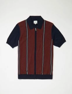 Short-Sleeve Jacquard Zip-Through Knit Polo - Marine -clothing Shop BS 0065549 035 D