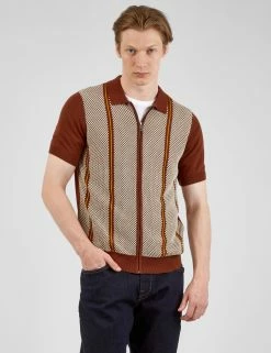 Short-Sleeve Jacquard Zip-Through Knit Polo - Coffee