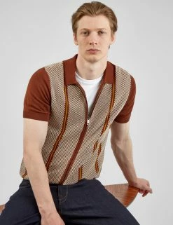Short-Sleeve Jacquard Zip-Through Knit Polo - Coffee -clothing Shop BS 0065549 043 B