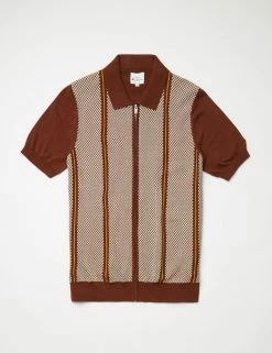 Short-Sleeve Jacquard Zip-Through Knit Polo - Coffee -clothing Shop BS 0065549 043 D
