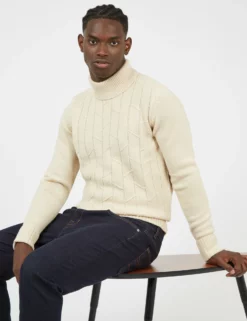 Patterned Knit Roll-Neck Sweater - Ivory -clothing Shop BS 0065555 015 B