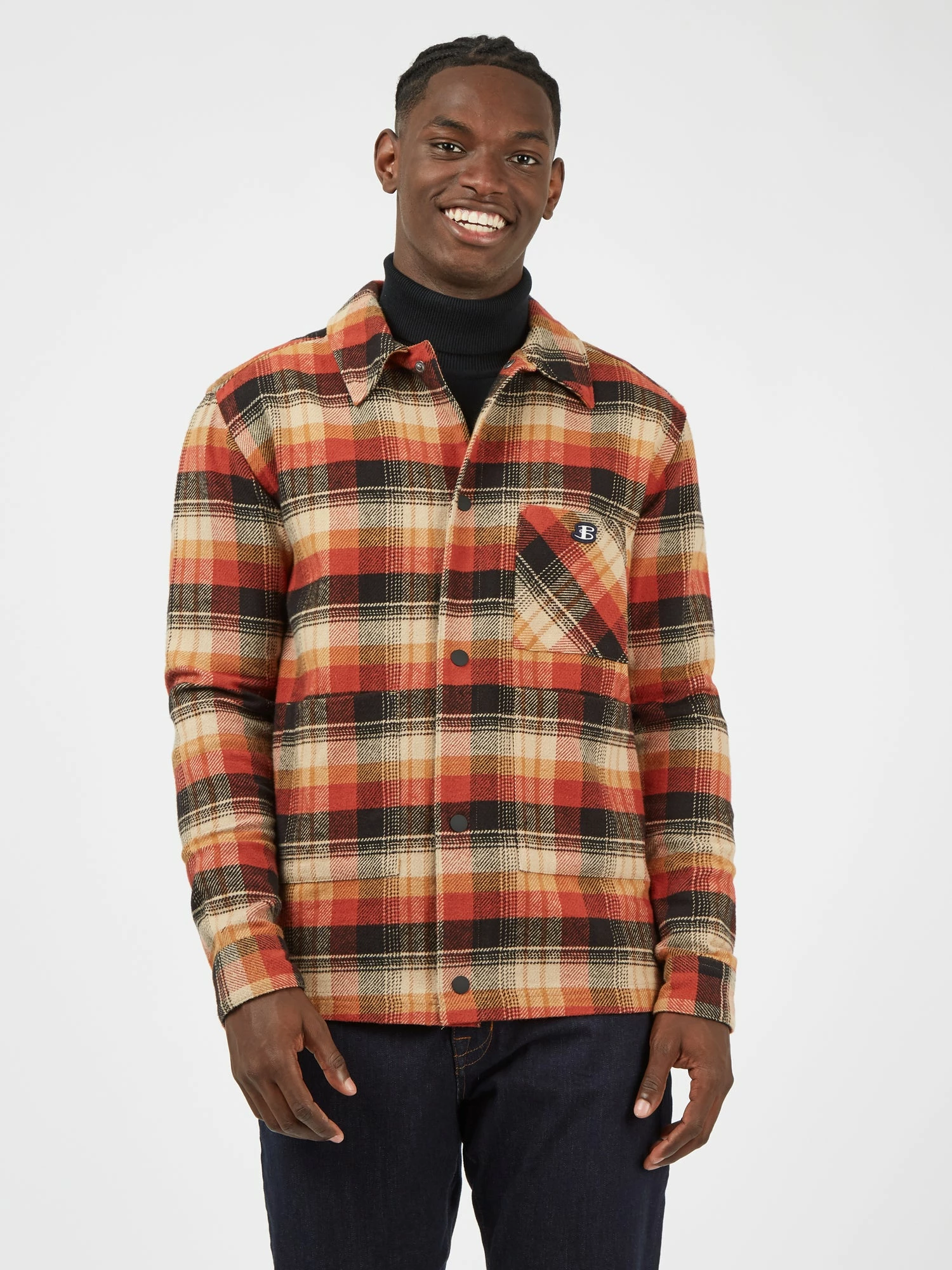 B By Ben Sherman Check-Print Chore Jacket - Burnt Orange 1 B By Ben Sherman Check-Print Chore Jacket - Burnt Orange