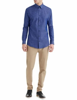 Floral Print On Navy Twill Slim Fit Dress Shirt -clothing Shop HBS1524 full body2