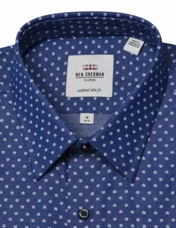 Floral Print On Navy Twill Slim Fit Dress Shirt -clothing Shop HBS1524.collar