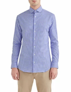 Stretch Blue And Orange Dobby Gingham Slim Fit Dress Shirt