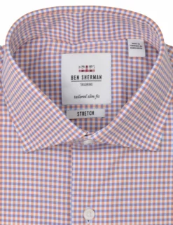 Stretch Orange & Blue Dobby Gingham Slim Fit Dress Shirt -clothing Shop HBS1537.collar