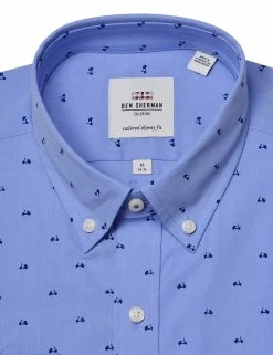Blue Scooter Print Skinny Fit Dress Shirt -clothing Shop HBS1539.collar