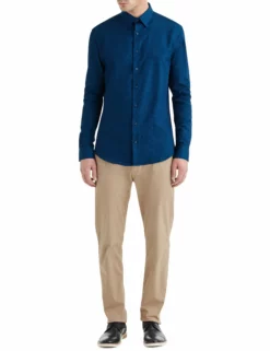 Teal & Navy Solid Dobby Slim Fit Dress Shirt -clothing Shop HBS1761 full body2