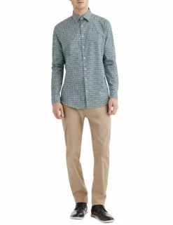 Olive & Navy Dobby Check Slim Fit Dress Shirt -clothing Shop HBS1775 full body2